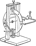 "The electrical machine most usually employed consists of a large circular plate of glass, mounted upon a metallic axis, and supported upon pillars fixed to a secure base, so that the plate can, by means of a handle, w, be turned with ease. Upon the supports of the glass, and fixed so as to press easily but uniformly on the plate, are four rubbers, marked r r r r in the figure; and flaps of silk, s s, oiled on one side, are attached to these, and secured to fixed supports by several silk cords. When the machine is put in motion, these flaps of silk are drawn tightly against the glass, and thus the friction is increased, and electricity excited. The points p p collect the electricity from the glass, and convey it to the conductor, c, which is supported by the glass rod g." &mdash;Wells, 1857