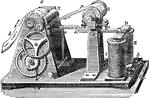 "Morse magnetic telegraph will be understood by reference to the accompanying diagram, which represents the construction and arrangement of this form of telegraph. F and E are pieces of soft iron surrounded by coils of wire, which are connected at a and b with wires proceeding from a galvanic battery. When a current is transmitted from a battery located one, two, or three hundred miles, as the case may be, it passes along the wires and into the coils surrounding the pieces of soft iron F and E, thereby converting them into magnets. Above these pieces of soft iron is a metallic bar or lever, A, supported on its center, and haing at one end the arm D, and at the other a small steel point, o. A ribbon of paper, p h, rolled on the cylinder B, is drawn slowly and steadily off by a train of clock-work, K, moved by the action of the weight P on the cord C. This clock-work gives motion to two metal rollers, G and H, between which the ribbon of paper passes, and which, turnin in opposite directions, draw the paper from the cylinder B. The roller H has a groove arond its circumference (not represented in the engraving) above which the paper passes. The steel point, r, or the lever, A, is also directly opposite this groove. The spring r prevents the point from resting upon the paper when the telegraph is not in operation." &mdash;Wells, 1857