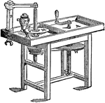 "In the ordinary pattern of a lapidary's bench the handle turns in a horizontal plane, where W is the driving-wheel turned by the handle A, and working the pulley P by means of a strap. The pulley is fixed on a vertical spindle, which carries M the disk for slitting or the leaden lap for roughing or polishing. The upper end of this spindle is conical, and rotates in a socket drilled in a horizontal arm of iron which projects from a vertical wooden rod D. A block of wood C fits on to the end of an iron support termed the gim-peg or germ-peg. This support is used to steady the operator's arm when grinding the edges of small stones, and the wooden block, which is fixed by a wedge, is employed for cutting facets at any desired angle, the stone being cemented to the end of a stik S, which is fixed at the requisite angle in one of the holes or notches made in the sides of the socket C." —The Encyclopedia Britannica, 1910