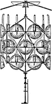"If again the light was to revolve, then a revolving chandelier was employed having a certain number of flat faces, on each of which was fixed a number separate lamps and reflectors with their axes parallel to each other. When the chandelier revolved, and one of the flat sides was turned towards the sailor, he would, when at some distance from the shore, receive a flash at once form each of the mirrors which were on that face, but when the face was turned away from him a dark period would intervene until the next face came round again." —The Encyclopedia Britannica, 1910