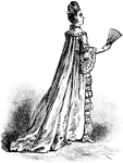 A women wearing a sack. A gown of particular form which was first introduced from France into England toward the close of the seventeenth century.
