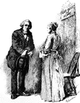 A man and women standing by a chair dresed fancy.
