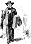 A man dressed in a suit holding an umbrella and coat.
