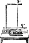 "Rotation of a Wheel. The same force which throws the wire away from the mercury, will cause the rotation of a spur-wheel. For this purpose the conducting wire, instead of being suspended, as in the former experiment, must be fixed firmly to the arm. A support for the axis of the wheel may be made by soldering a short piece to the side of the conducting wire, so as to make the form of a fork, the lower end of which must be flattened with a hammer, and pierced with fine orifices, o recieve the ends of the axis." &mdash;Comstock, 1850