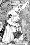 A young girl holding a basket of fruit and wearing a hat.