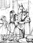 Young girls feeding their donkey.