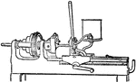"The machine is in fact a lathe with a few special features, such as the hollow mandrel, which enables it to operate upon a bar of any length. Dies mounted on a modified form of slide-rest cut the thread to the full depth at a single traverse, and a simple arrangement enables nuts to be tapped with equal facility. In some other varieties of screwing machines, more particularly those intended for hand power only, the outward resemblance to the turning lathe is less apparent, but if their action is looked into it will be found that in them as in almost all machine tools it is the principle of the slide which is mainly conducive to their success." &mdash;The Encyclopedia Britannica, 1903