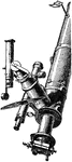 "The eye-end of a telescope. The reader will recognize the micrometer previously described. L is a paraffin lamp fitting by a bayonet joint into a copper cover c. This effectually defends its glass chimney against accident, and protects the lamp from wind. The simple means by which this lamp is made to preserve its verticality in all positions of the telescope is evident from the figure. By this lamp alone the bright wire or bright field illumination is given at pleasure, and with any desired intensity, simply by movement of the small pin p." &mdash;The Encyclopedia Britannica, 1903