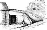 Learn-to fruit cellar, covered with earth. It should be built of mason work, with a roof of stone slabs, or of planks covered with an inch or two of cement. It should be provided with a ventilator at the top. Store the fruit on shelves or in barrels.