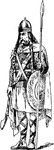 A chief of a Frankish tribe, wearing full battle armor. He stands looking to his right holding a long spear, Germanic spear, in his left hand and a short axe in his right. A decorated shield rest on his left hip and a cape rests on his shoulders. His hair is in long braids and his helmet is tall and pointed, resembling a crown. His sandals wrap around his leg up to his knee.