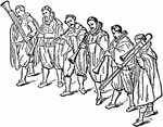 Members of this wind band (or "waits") are playing instruments from the late 16th or early 17th century. From left to right the musicians are playing: a curtal, shawm, cornet, shawm, shawm, and a sackbut. The shawms are of different sizes and may be intended to represent tenor, soprano, and alto instruments. The schwam is also known as schalmey, pommer, or hautbois. The curtal is also known as the dulcian or fagott. The sackbutt was known as the trombone in Italian. The cornett was also known by the German names zink, zinke, zinck, or krummer zink (curved spike).