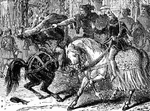 Wat Tyler, while talking to the King, grew violent, forgot to whom he was speaking, and laid his hand on the king's bridle, as if to threaten or take him prisoner. Upon this, the Lord Mayor, with his mace-dealt the man such a blow that he fell from his horse, and an attendant thrust him through with a sword.