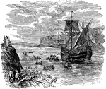 An illustration showing Henry Hudson's ship exploring the river which now bears his name.
