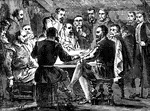 An illustration depicting the signing of the Compact aboard the Mayflower.
