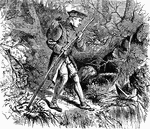 An illustration of a young George Washington trekking through the wilderness.