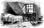 The artist is unknown for this drawing. The picture is of the room in which Turner was found months after his death by his maid.