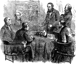 Samuel Morse explaining his telegraph to members of Congress.  Morse made his last trip to Washington, D.C., in December 1842, stringing "wires between two committee rooms in the Capitol, and sent messages back and forth" to demonstrate his telegraph system.