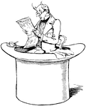 A tiny man with funny hair sitting in a top hat reading the newspaper.
