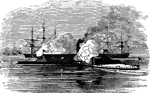 Battle between the ironclads Monitor and Merrimac.