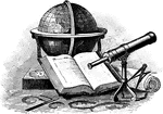 Still life arrangement including a globe, telescope, book, right angle, rolled map, and dividers.