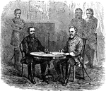 Grant and Lee signing the terms of surrender at Appomattox Courthouse.