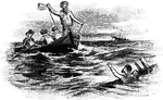 A sailor being tossed a life line after ship wrecked.
