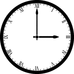 Round clock with Roman numerals showing time 3:00