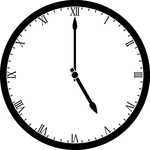Round clock with Roman numerals showing time 5:00