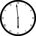 Round clock with Roman numerals showing time 5:59