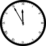 Round clock with Roman numerals showing time 11:55
