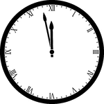Round clock with Roman numerals showing time 11:58