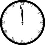 Round clock with Roman numerals showing time 11:59