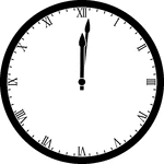 Round clock with Roman numerals showing time 12:01