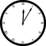 Round clock with Roman numerals showing time 12:05