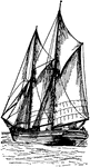"A vessel with two or more masts, fore and aft rigged, whose main and fore sails are extended by gaffs and stretched out below by booms."&mdash;Finley, 1917