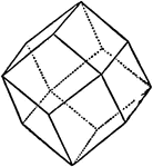 "Bounded by twelve rhomb-shaped faces parallel to the six dodecahedral planes of symetry. the angles between the normals to adjacent faces are 60 degrees...[and] 90 degrees; the indices are {110}" -The Encyclopedia Britannica 1910