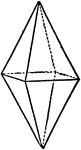 A tetragonal bipyramidal crystal where the vertical axis is longer than the horizontal axes.