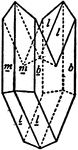"...the two portions are symmetrical with respect to a plane parallel to the ortho-pinacoid." -The Encyclopedia Britannica 1910