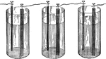 Figure showing a series type of connection between multiple battery cells, where the negative end of one battery is attached to the positive end of the next.