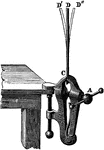 "Grasp one end of a straight spring made of hickory or steel in one end of a vise, as shown. Pluck the free end of the spring so as to produce a vibratory motion. If the spring is long enough, the vibrations may be seen. Lower the spring in the vise to shorten the vibrating part of the rod, and pluck it again. The vibrations are reduced in amplitude, and increased in rapidity. Continued shortening of the spring will render the vibrations invisible and audible; the are lost to the eye, but revealed to the ear." -Avery 1895