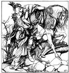 Prince and Princess with horse and slain dragon.