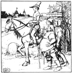Four men with one on horse gonig toward the King's house