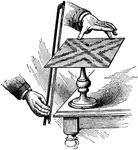 "Support, as shown, a glass or brass plate, square or round, and strew it evenly with fine sand. Place the finger at any point of the edge of the plate, so as to form a node there, and draw a violin bow at a point properly chosen. The sand immediately begins to dance on the plate and arrange itself along nodal lines. By changing the nodal points and bowing properly, other sand-figures may be produced, one of which is shown." -Avery 1895