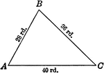 Triangle with sides labeled with numerals 28, 36, 40 and angles A, B, C labeled.