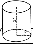 Right circular cylinder with a radius of 1 foot and a height/altitude of 2 feet.