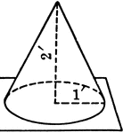 An illustration of a right circular cone with la radius of 1 foot and a height of 2 feet. Illustration could be used to find volume.