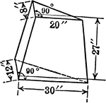 An illustration of a pyramid with the top cut off by a plane parallel to the base. The remaining part is called a frustum. This frustum has right triangular bases, one with 20 inch side and the other with a 30 inch side. Height is 27 inches.