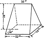 An illustration of a pyramid with the top cut off by a plane parallel to the base. The remaining part is called a frustum. This frustum has triangular bases with 14 inch sides. The other sides are 16 and 22 inches. The altitude is 24 inches.