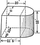 An illustration of a composite figure made up of a quadrilateral frustum and half of a cylinder. Frustum edges range between 6 feet and 11 feet 5 inches and cylinder has a height of 12 feet.