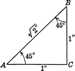 Special right triangle with angles 45 degrees, 45 degrees, and 90 degrees with side measures/relationships shown.